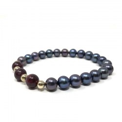 Bracciale di perle d'acqua dolce nere e pietre semipreziose naturali di granato rosso
