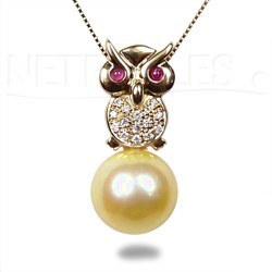 Pendente Gufo Oro 18k e Diamanti con perla delle Filippine dorata