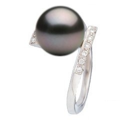 Anello in Argento e diamanti con perla coltivata di Tahiti 9-10 mm AAA
