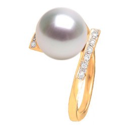 Anello in oro 18k con diamanti e perla australiana bianca 9-10 mm AAA
