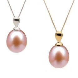 Pendente in oro 18k Perla d'Acqua Dolce a Goccia Rosa Pesca 9-10 mm AAA