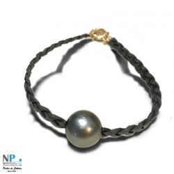 Braccialetto 18 cm Cuoio intrecciato nero con perla di Tahiti 12,6 mm AA+ Oro 18k