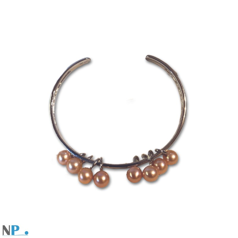 Braccialetto in Argento 925 rodiato con 8 perle d'acqua dolce rosa pesca 7-8 mm AAA