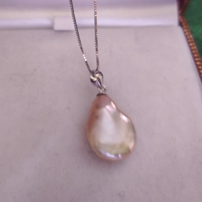 Pendente e catenina Argento 925 Perla Acqua Dolce 17 mm colore metallico rosa pesca dorata