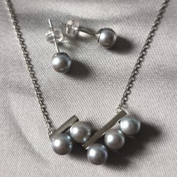 Parure di 2 gioielli: collana e orecchini con perle blu argento Akoya AAA