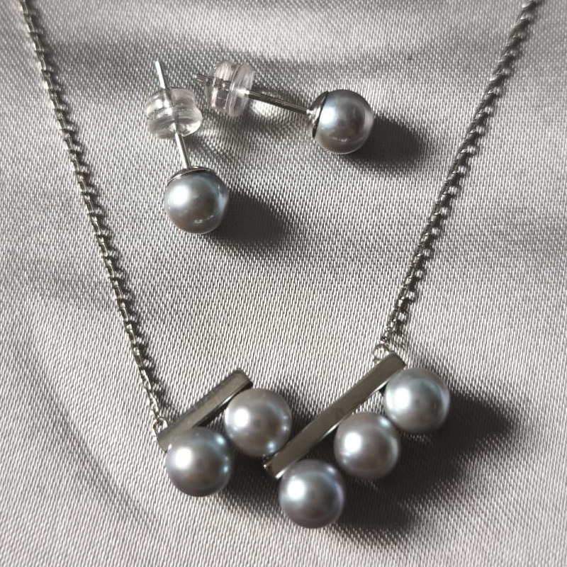Parure di 2 gioielli: collana e orecchini con perle blu argento Akoya AAA