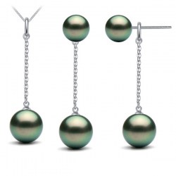 Parure in argento 925 pendente e orecchini con 5 perle nere di Tahiti