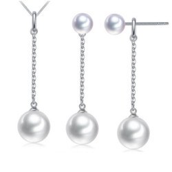 Parure in argento 925 pendente e orecchini con 5 perle Akoya bianche
