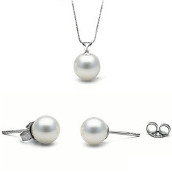 Parure di 2 gioielli: pendente e orecchini con perle d'acqua dolce bianche AAA