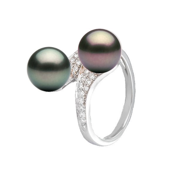 Anello You&Me, Oro 18k Diamanti perle nere di Tahiti