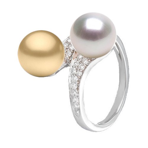 Anello You&Me, Oro 18k Diamanti perla dorata delle Filippine e bianca Australiana 9-10 mm AAA