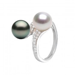 Anello You&Me, Oro 18k Diamanti perla Australiana bianca e Tahiti nera 9-10 mm AAA