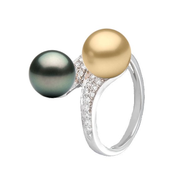 Anello You&Me, Oro 18k Diamanti perla dorata delle Filippine e nera di Tahiti 9-10 mm AAA