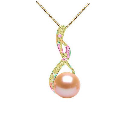 Pendente in Oro 14k Diamanti con Perla Acqua Dolce 8-9 mm AAA rosa pesca e catenina 18k 45 cm