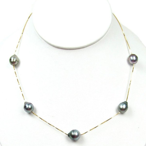 Collana 5 Perle di Tahiti Barocche a goccia 9-10 mm catenina corda oro 14k