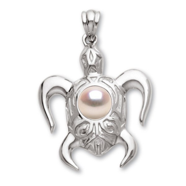 Pendente a forma di tartaruga in Argento 925 con perla Akoya bianca AAA