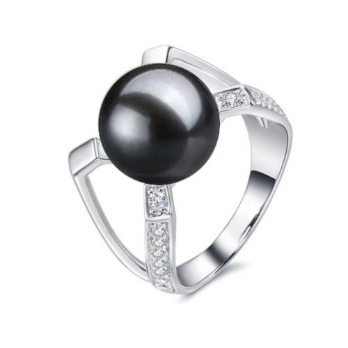 Anello in Argento 925 con zirconi perla d'acqua dolce nera AAA