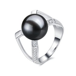 Anello in Argento 925 con zirconi perla d'acqua dolce nera AAA