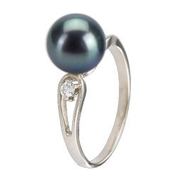 Anello in argento 925 e diamanti con perla d'acqua dolce nera AAA