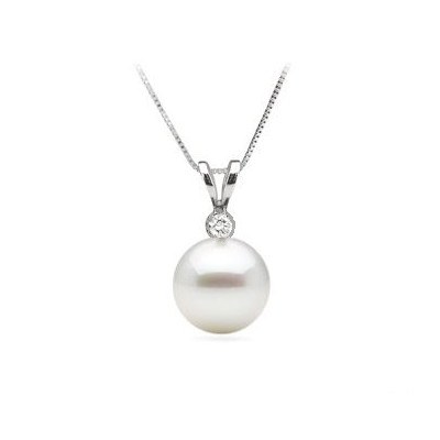 Pendente in Oro 18k con Diamante e Perla Australiana Bianca Argentata AAA